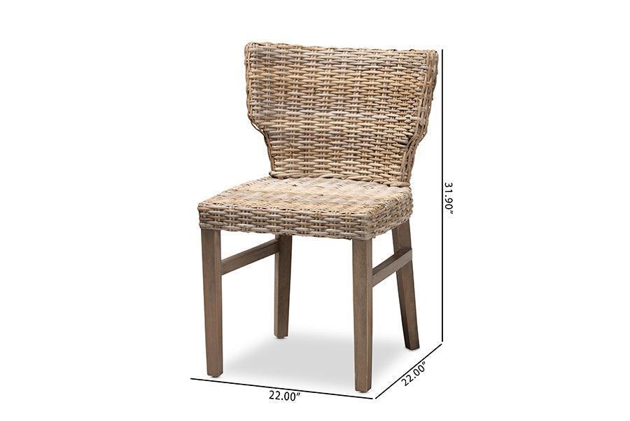 Enver Modern Bohemian Grey Rattan and Brown Wood 2-Piece Dining Chair Set FredCo