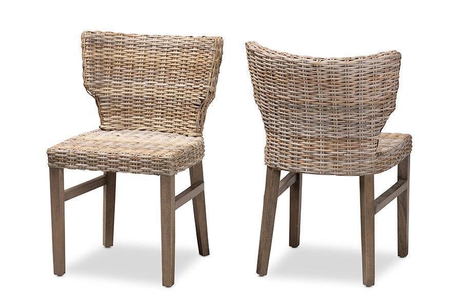 Enver Modern Bohemian Grey Rattan and Brown Wood 2-Piece Dining Chair Set FredCo