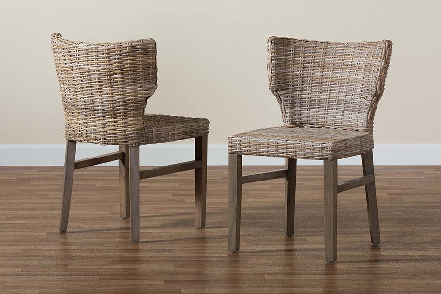 Enver Modern Bohemian Grey Rattan and Brown Wood 2-Piece Dining Chair Set FredCo