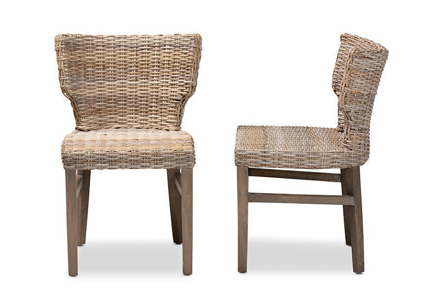 Enver Modern Bohemian Grey Rattan and Brown Wood 2-Piece Dining Chair Set FredCo