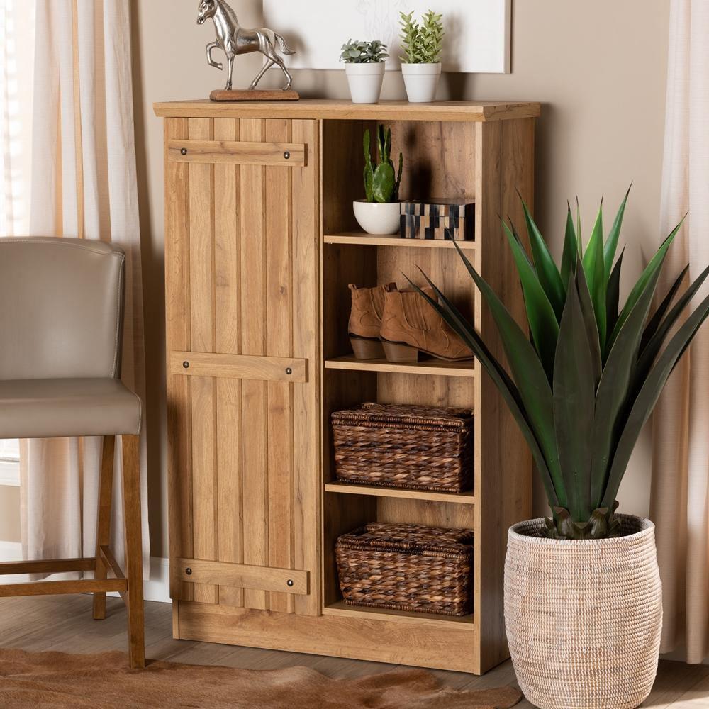 Eren Modern and Contemporary Farmhouse Natural Oak Brown Finished Wood 1-Door Shoe Cabinet FredCo