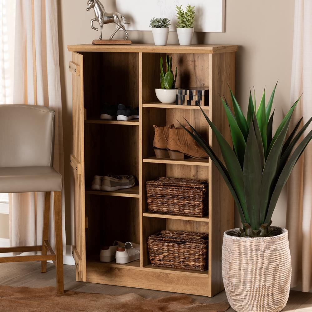 Eren Modern and Contemporary Farmhouse Natural Oak Brown Finished Wood 1-Door Shoe Cabinet FredCo