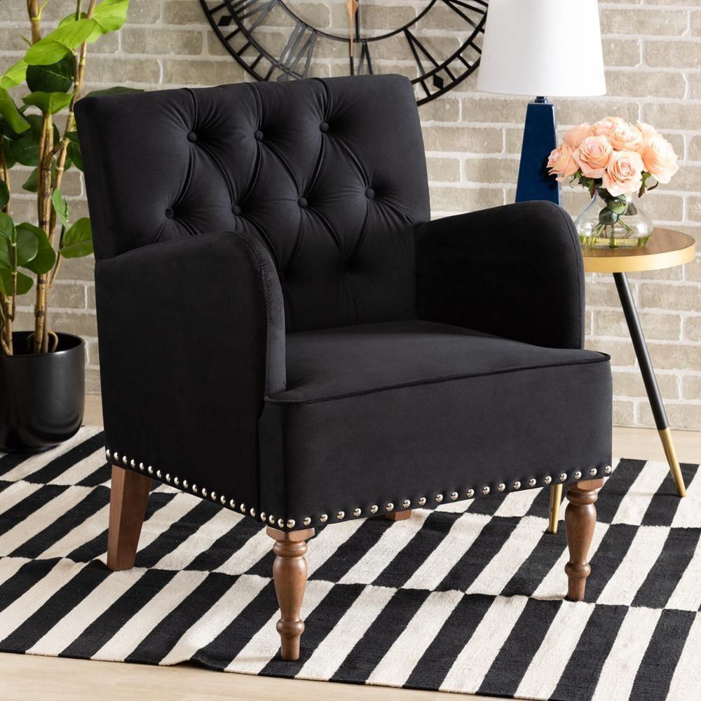 Eri Contemporary Glam and Luxe Black Velvet Upholstered and Walnut Brown Finished Wood Armchair FredCo