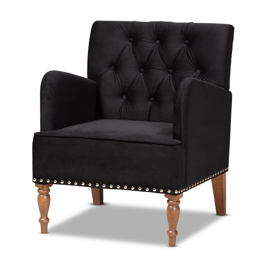 Eri Contemporary Glam and Luxe Black Velvet Upholstered and Walnut Brown Finished Wood Armchair FredCo
