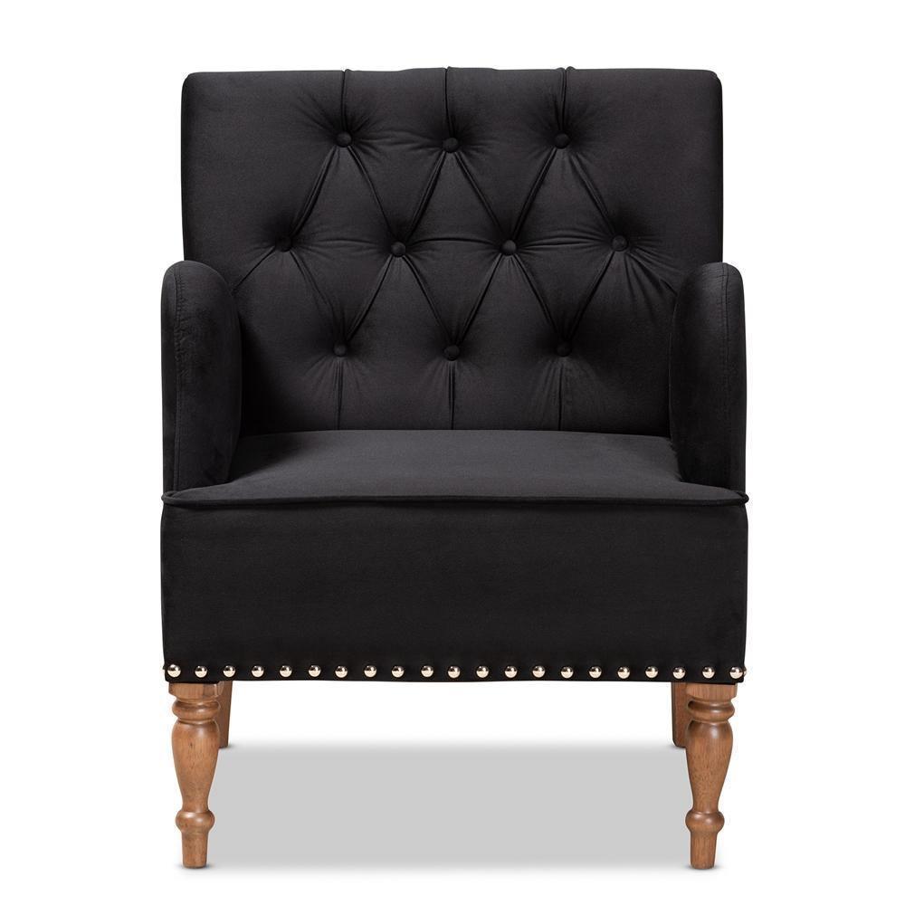 Eri Contemporary Glam and Luxe Black Velvet Upholstered and Walnut Brown Finished Wood Armchair FredCo