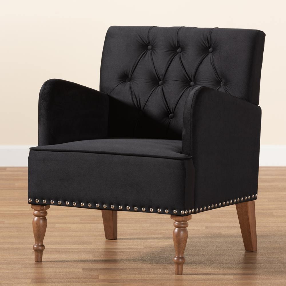 Eri Contemporary Glam and Luxe Black Velvet Upholstered and Walnut Brown Finished Wood Armchair FredCo