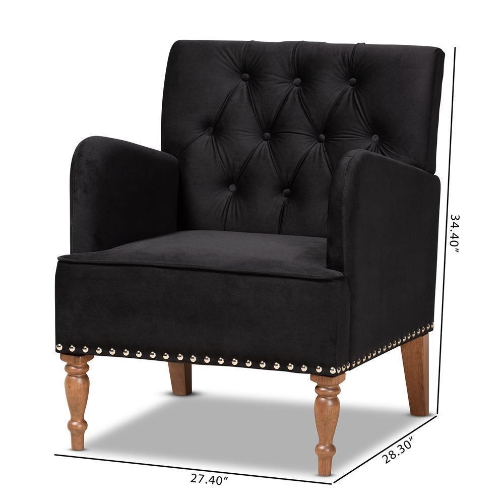 Eri Contemporary Glam and Luxe Black Velvet Upholstered and Walnut Brown Finished Wood Armchair FredCo