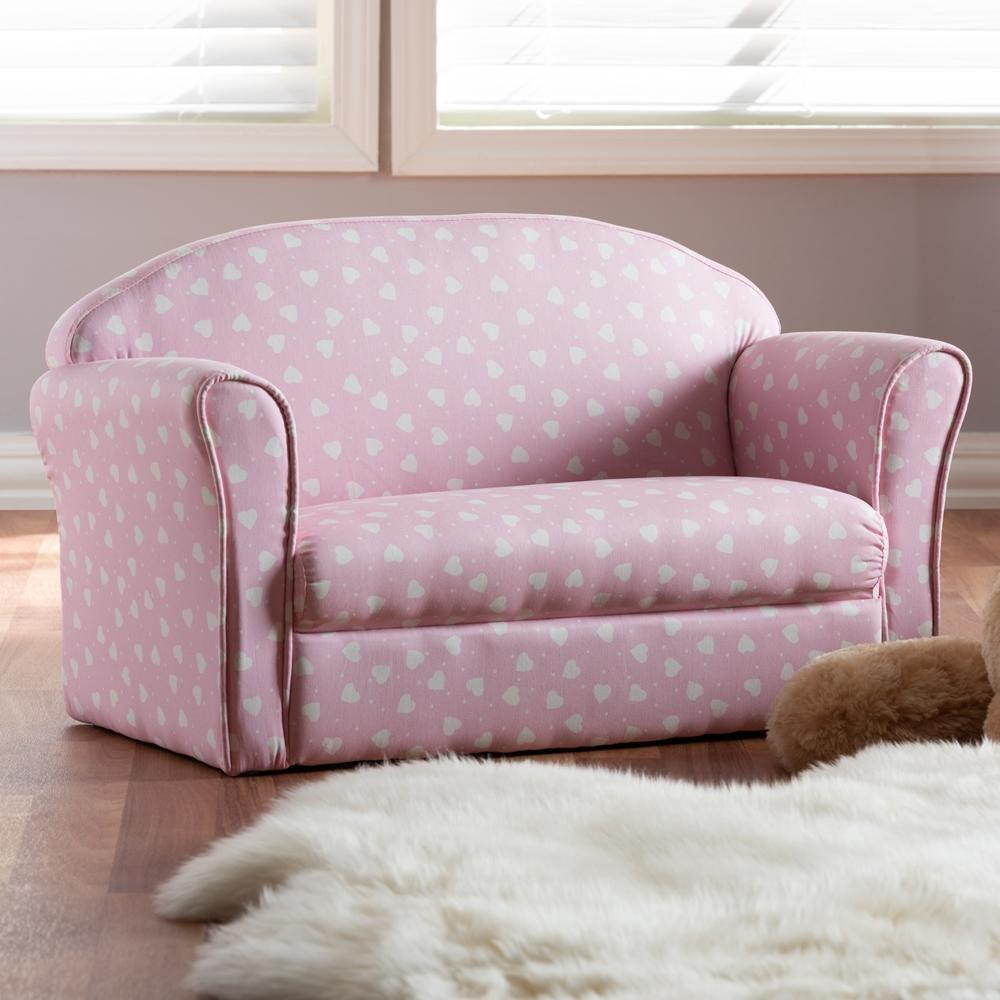 Erica Modern and Contemporary Pink and White Heart Patterned Fabric Upholstered Kids 2-Seater Sofa FredCo