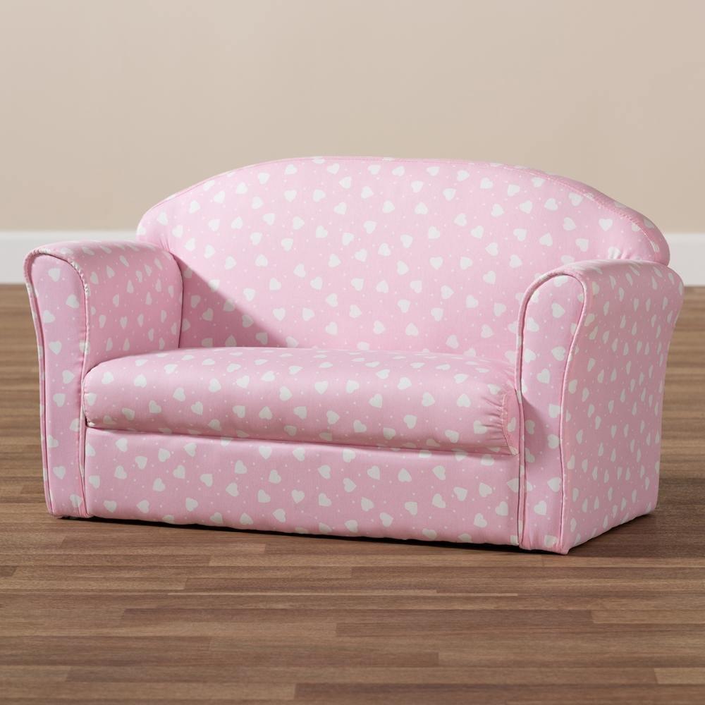 Erica Modern and Contemporary Pink and White Heart Patterned Fabric Upholstered Kids 2-Seater Sofa FredCo