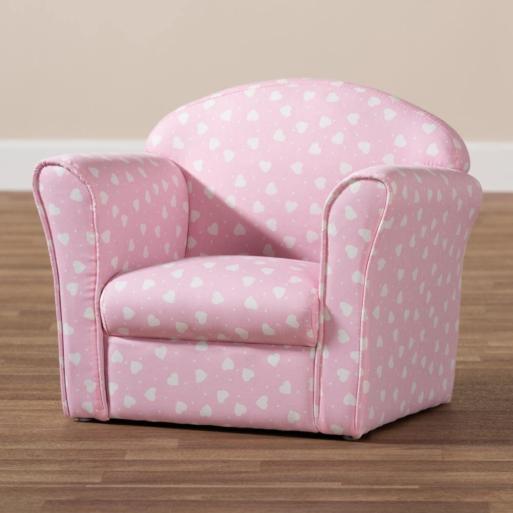 Erica Modern and Contemporary Pink and White Heart Patterned Fabric Upholstered Kids Armchair FredCo