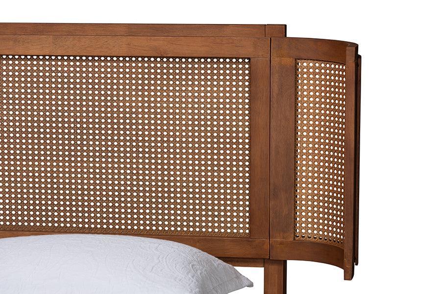 Eridian Mid-Century Modern Walnut Brown Finished Wood and Natural Rattan Full Size Platform Bed FredCo
