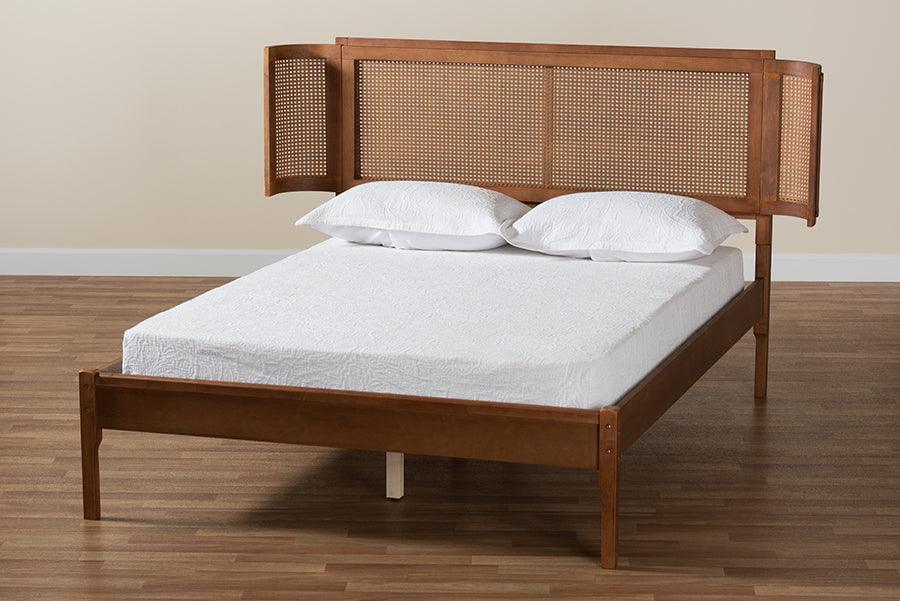 Eridian Mid-Century Modern Walnut Brown Finished Wood and Natural Rattan Full Size Platform Bed FredCo