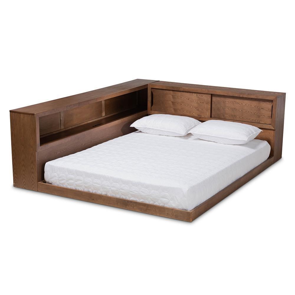 Erie Modern Rustic and Transitional Walnut Brown Finished Wood Queen Size Platform Storage Bed with Built-In Outlet FredCo