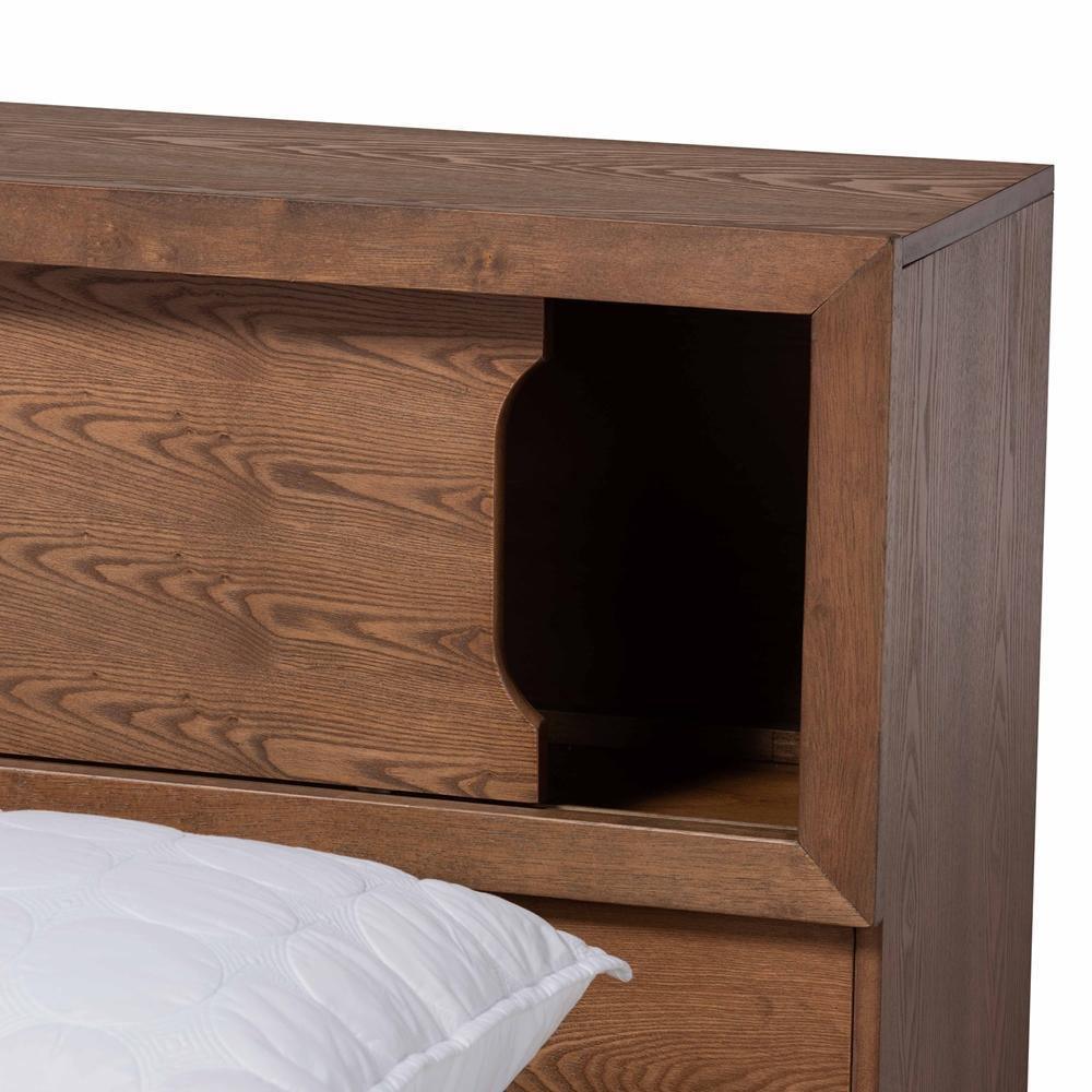 Erie Modern Rustic and Transitional Walnut Brown Finished Wood Queen Size Platform Storage Bed with Built-In Outlet FredCo