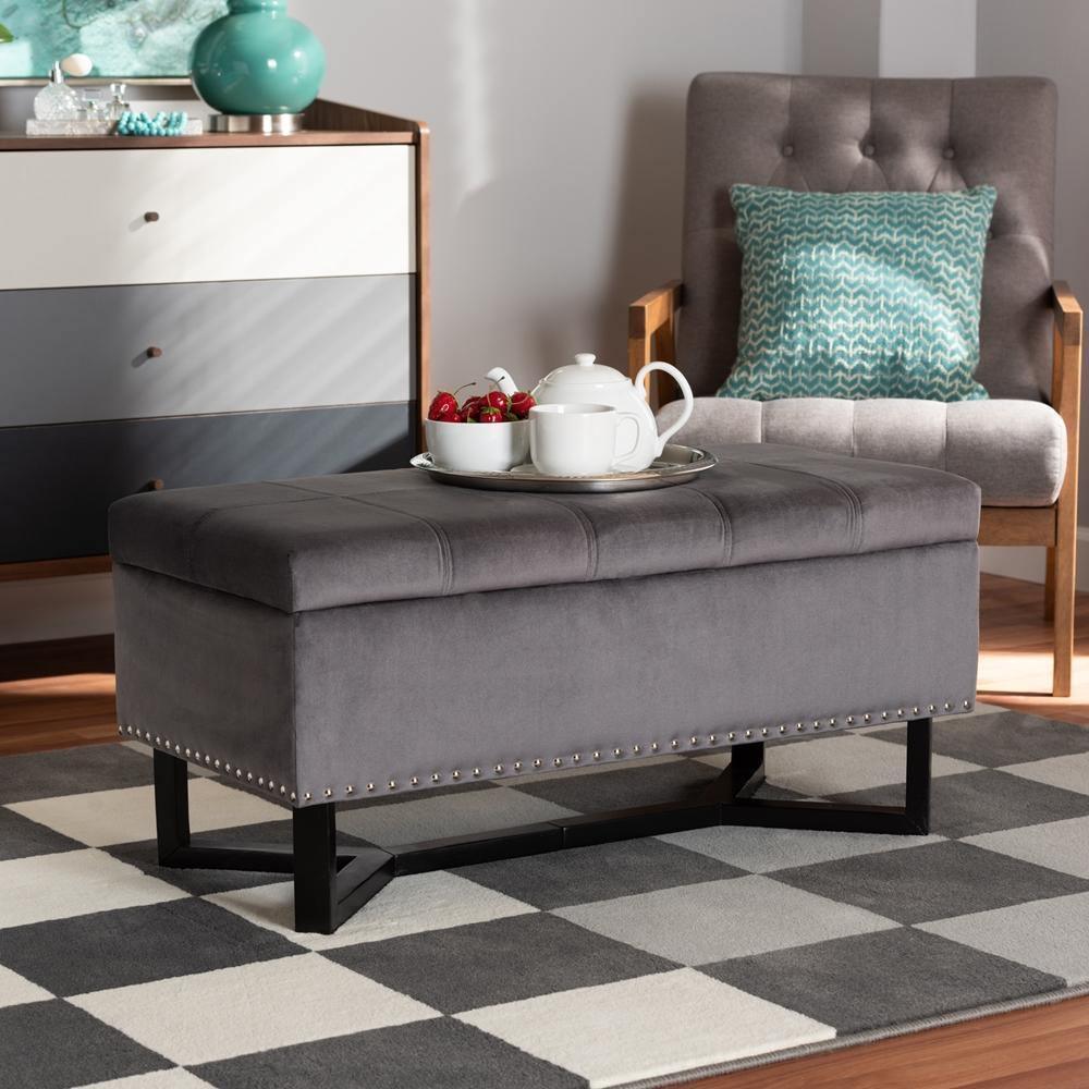 Esther Modern and Contemporary Grey Velvet Fabric Upholstered and Dark Brown Finished Wood Storage Ottoman FredCo