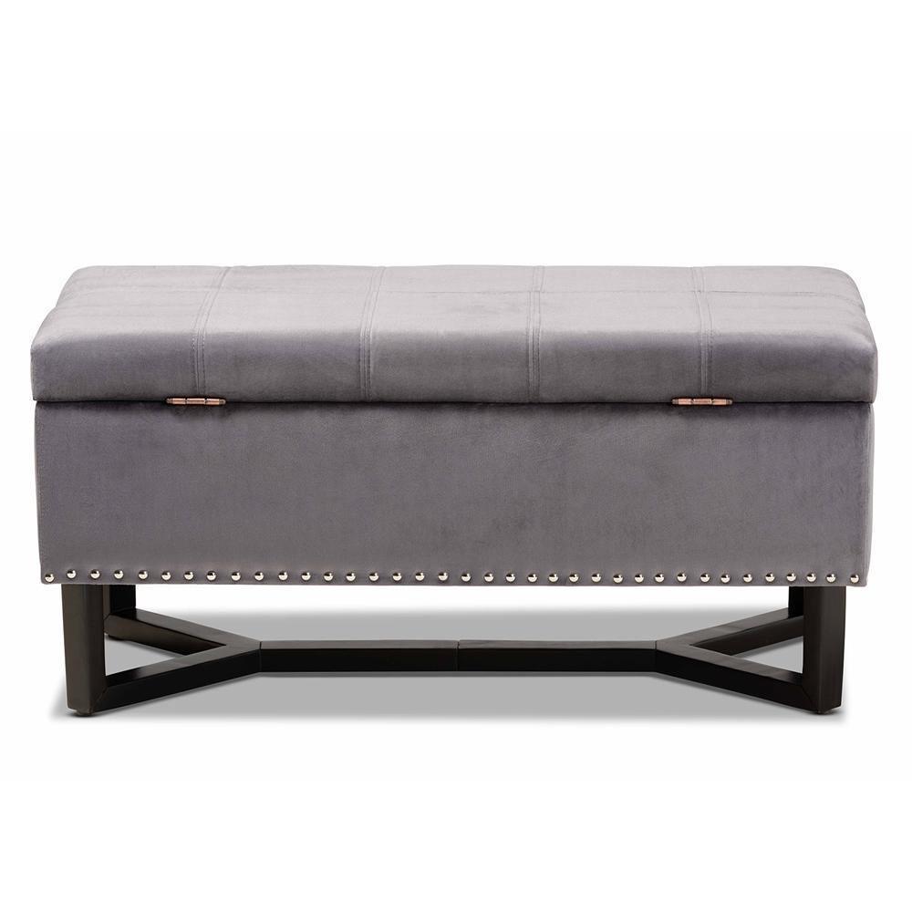 Esther Modern and Contemporary Grey Velvet Fabric Upholstered and Dark Brown Finished Wood Storage Ottoman FredCo
