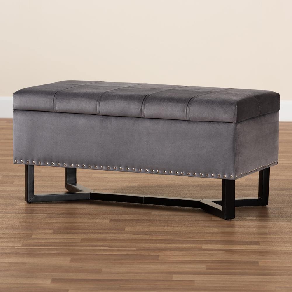 Esther Modern and Contemporary Grey Velvet Fabric Upholstered and Dark Brown Finished Wood Storage Ottoman FredCo