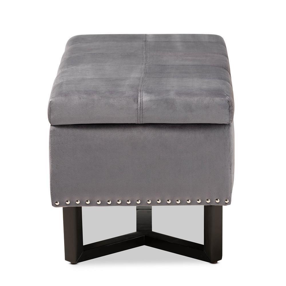Esther Modern and Contemporary Grey Velvet Fabric Upholstered and Dark Brown Finished Wood Storage Ottoman FredCo
