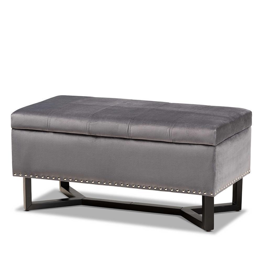 Esther Modern and Contemporary Grey Velvet Fabric Upholstered and Dark Brown Finished Wood Storage Ottoman FredCo