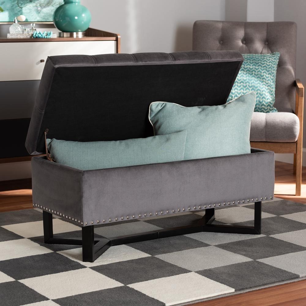 Esther Modern and Contemporary Grey Velvet Fabric Upholstered and Dark Brown Finished Wood Storage Ottoman FredCo