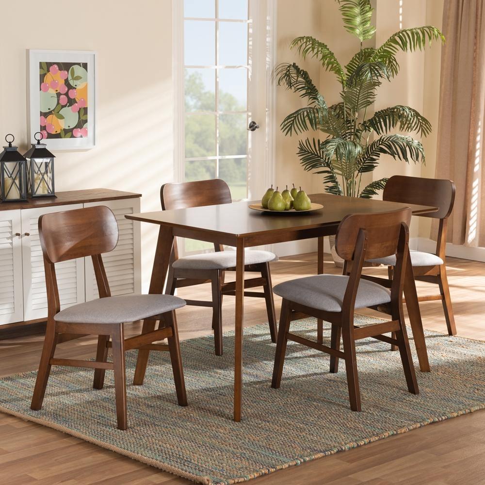 Euclid Mid-Century Modern Grey Fabric Upholstered and Walnut Brown Finished Wood 5-Piece Dining Set FredCo