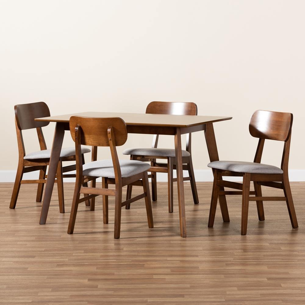 Euclid Mid-Century Modern Grey Fabric Upholstered and Walnut Brown Finished Wood 5-Piece Dining Set FredCo