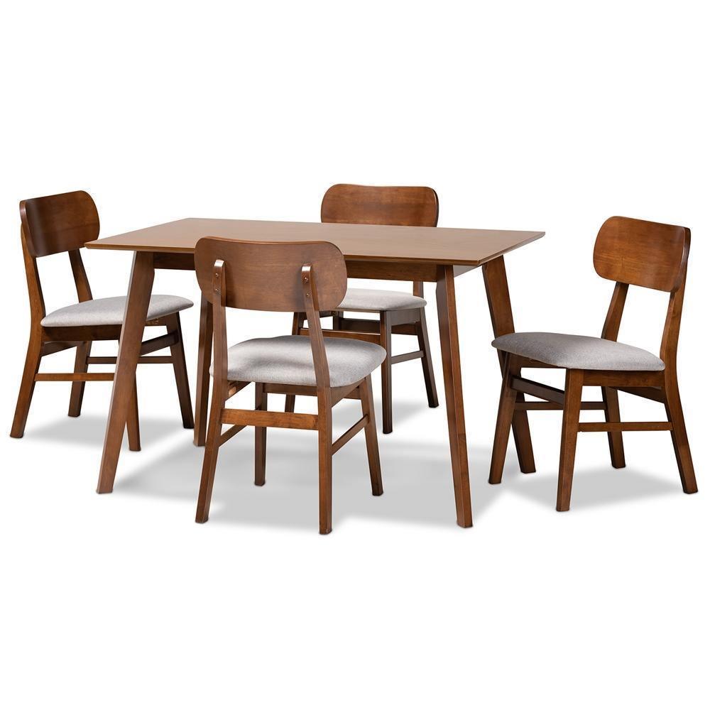 Euclid Mid-Century Modern Grey Fabric Upholstered and Walnut Brown Finished Wood 5-Piece Dining Set FredCo