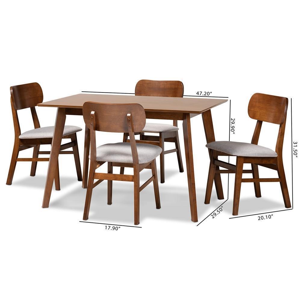 Euclid Mid-Century Modern Grey Fabric Upholstered and Walnut Brown Finished Wood 5-Piece Dining Set FredCo