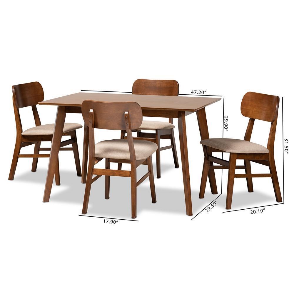 Euclid Mid-Century Modern Sand Fabric Upholstered and Walnut Brown Finished Wood 5-Piece Dining Set FredCo