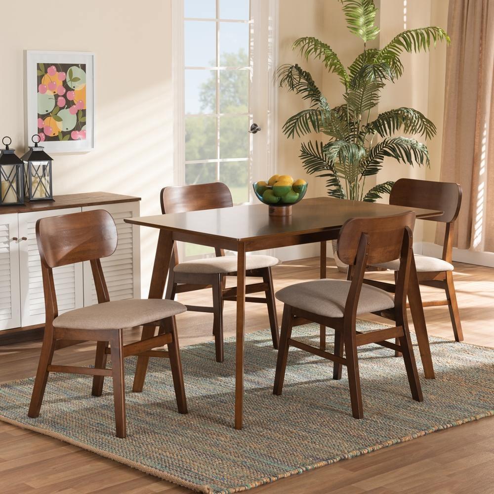Euclid Mid-Century Modern Sand Fabric Upholstered and Walnut Brown Finished Wood 5-Piece Dining Set FredCo