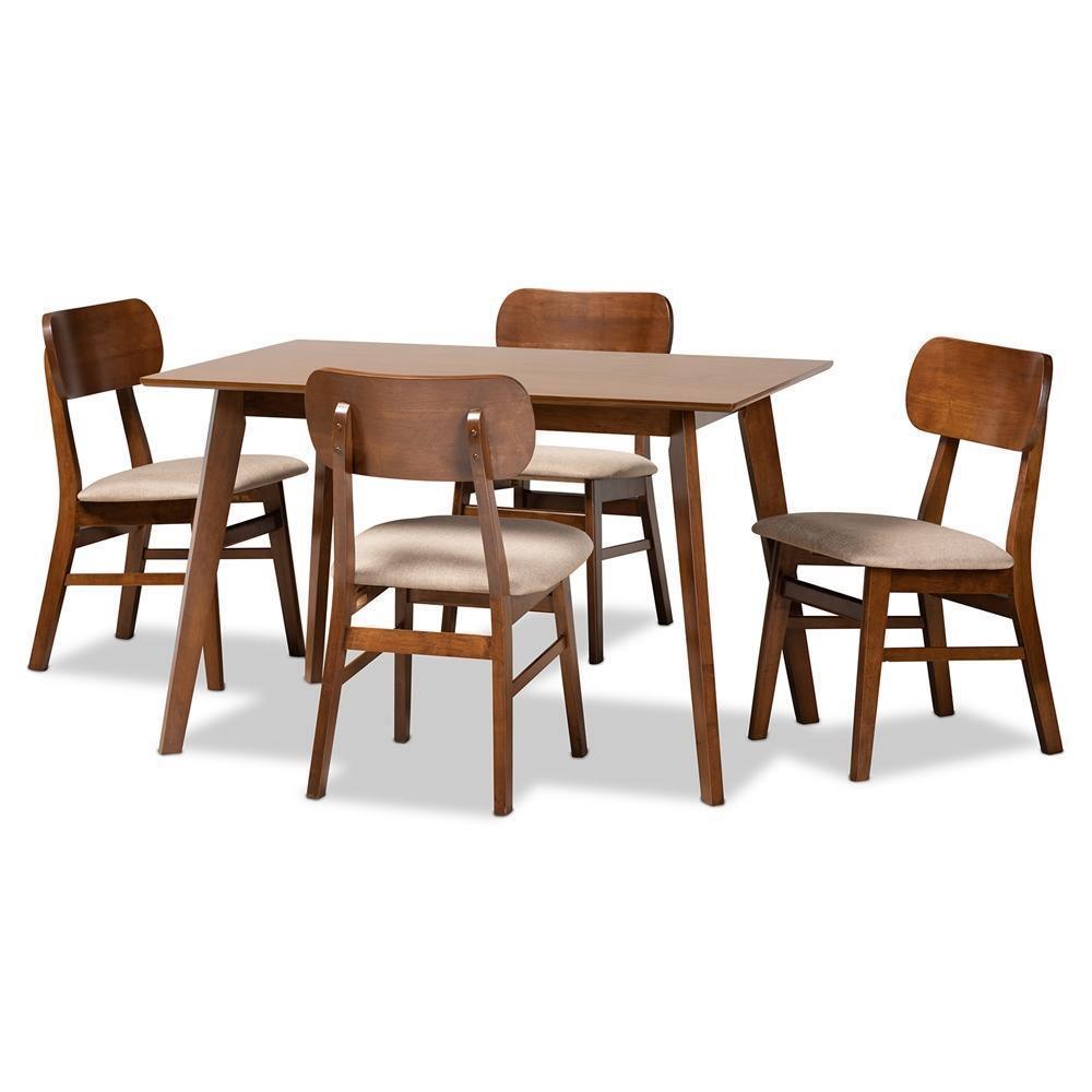Euclid Mid-Century Modern Sand Fabric Upholstered and Walnut Brown Finished Wood 5-Piece Dining Set FredCo