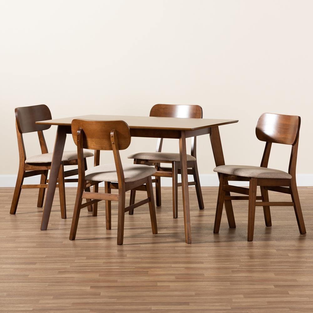 Euclid Mid-Century Modern Sand Fabric Upholstered and Walnut Brown Finished Wood 5-Piece Dining Set FredCo