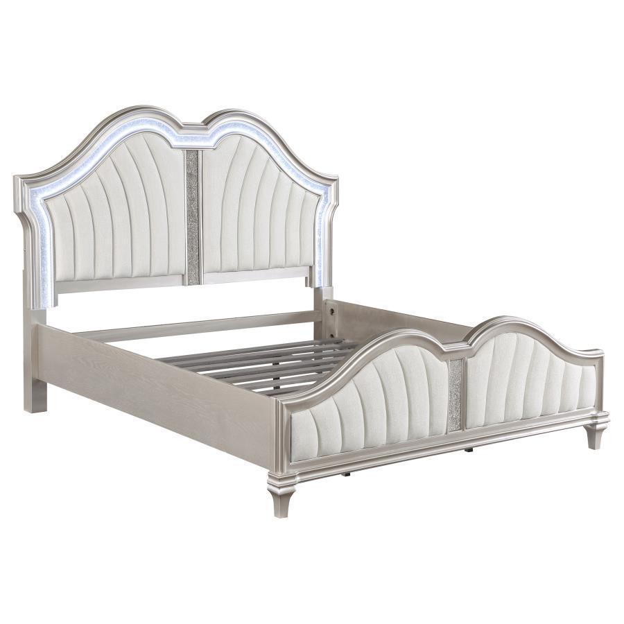 Evangeline 5-piece Upholstered Platform Queen Bedroom Set Ivory and Silver Oak Coaster FredCo