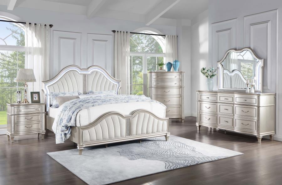 Evangeline 5-piece Upholstered Platform Queen Bedroom Set Ivory and Silver Oak Coaster FredCo