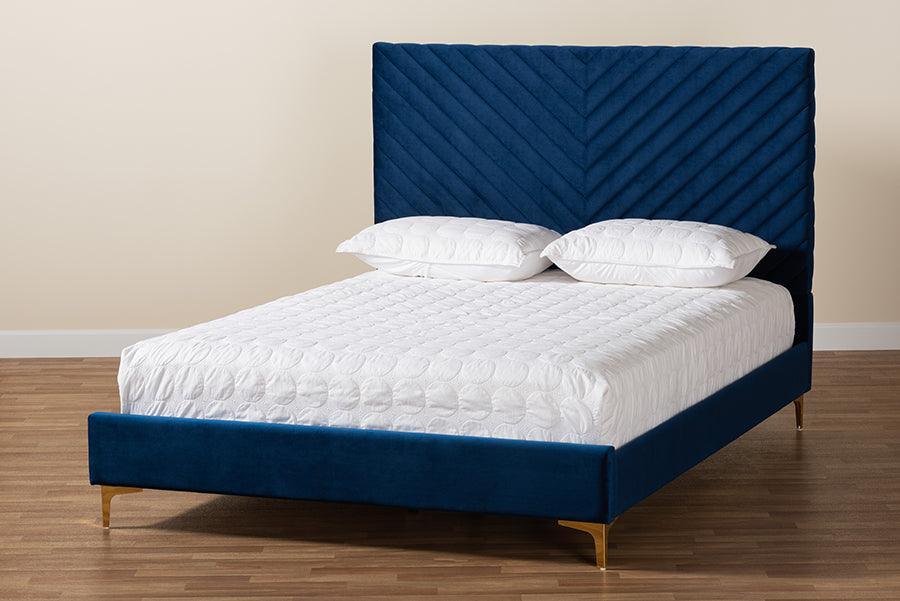 Fabrico Contemporary Glam and Luxe Navy Blue Velvet Fabric Upholstered and Gold Metal King Size Platform Bed FredCo