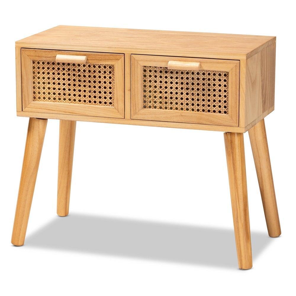 Falan Mid-Century Modern Oak Brown Finished Wood 2-Drawer Console Table with Rattan FredCo