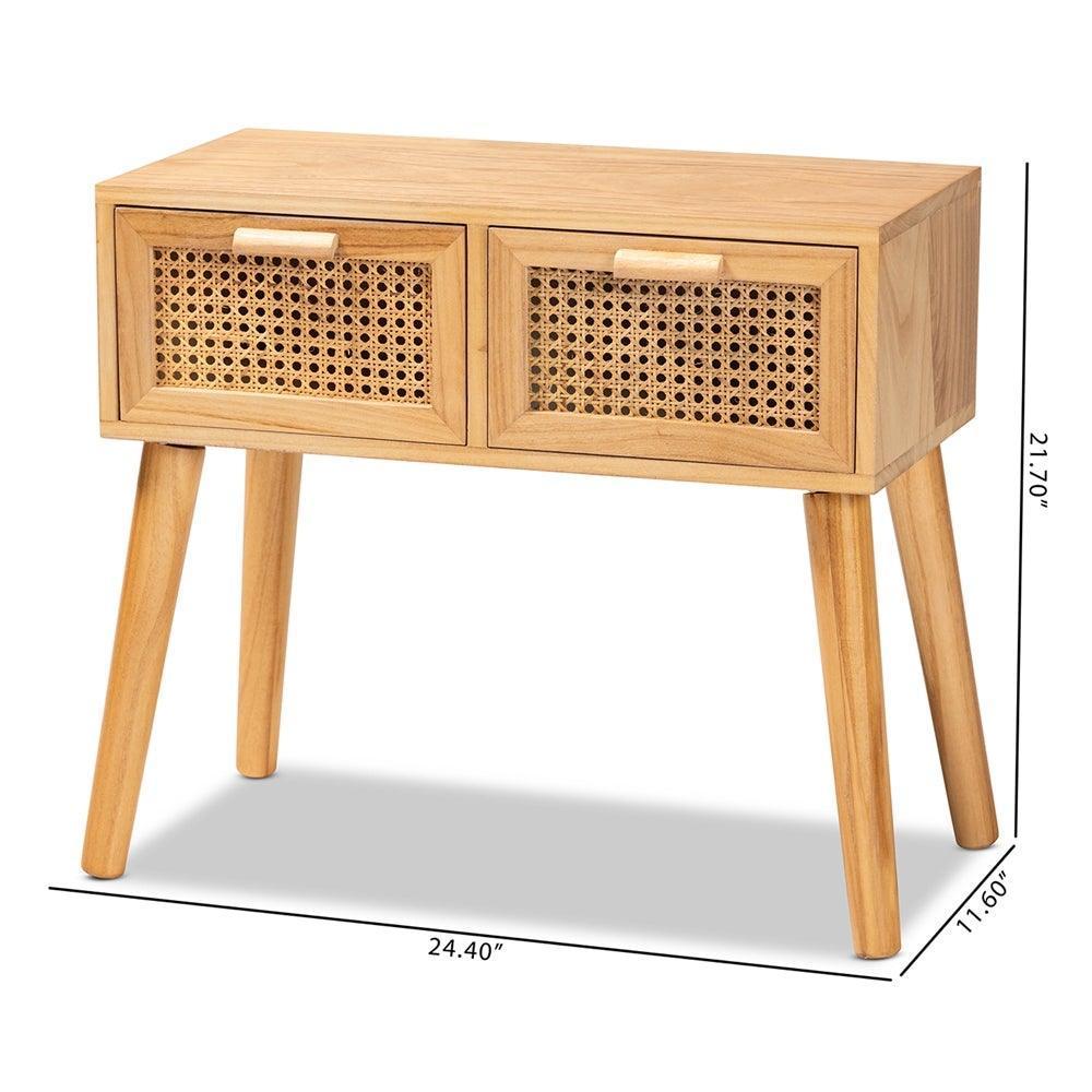 Falan Mid-Century Modern Oak Brown Finished Wood 2-Drawer Console Table with Rattan FredCo