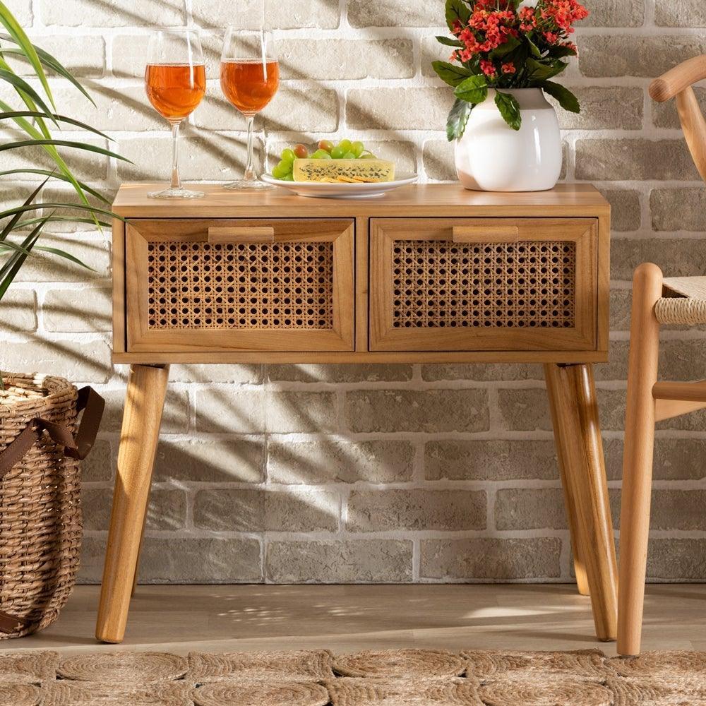 Falan Mid-Century Modern Oak Brown Finished Wood 2-Drawer Console Table with Rattan FredCo