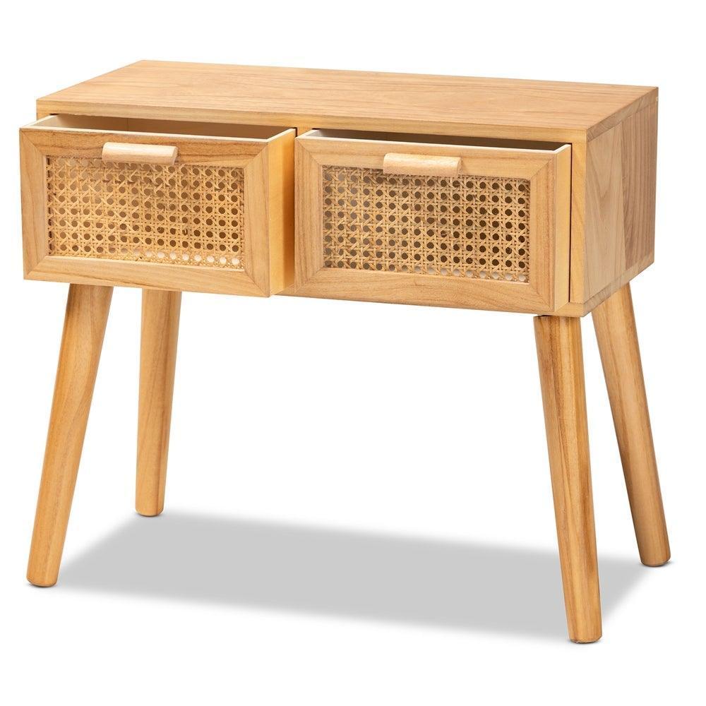 Falan Mid-Century Modern Oak Brown Finished Wood 2-Drawer Console Table with Rattan FredCo