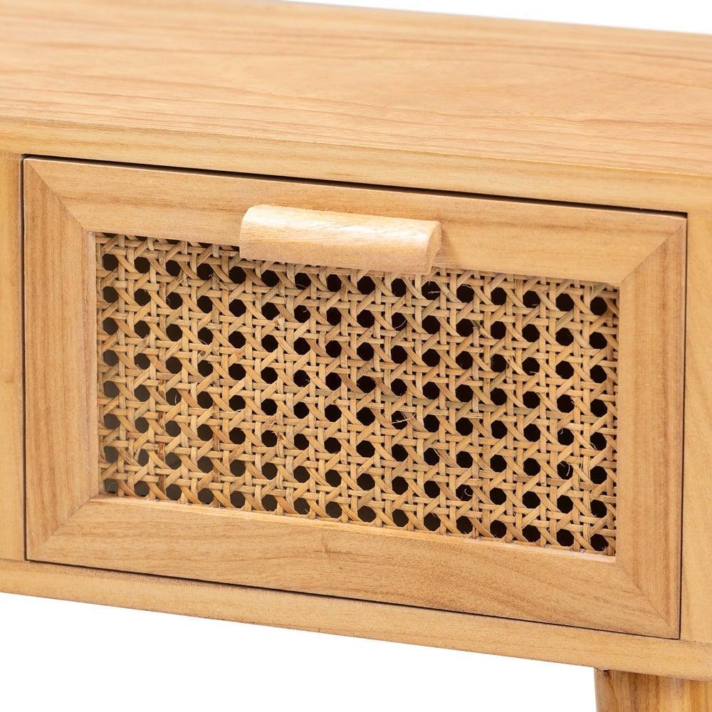 Falan Mid-Century Modern Oak Brown Finished Wood 2-Drawer Console Table with Rattan FredCo