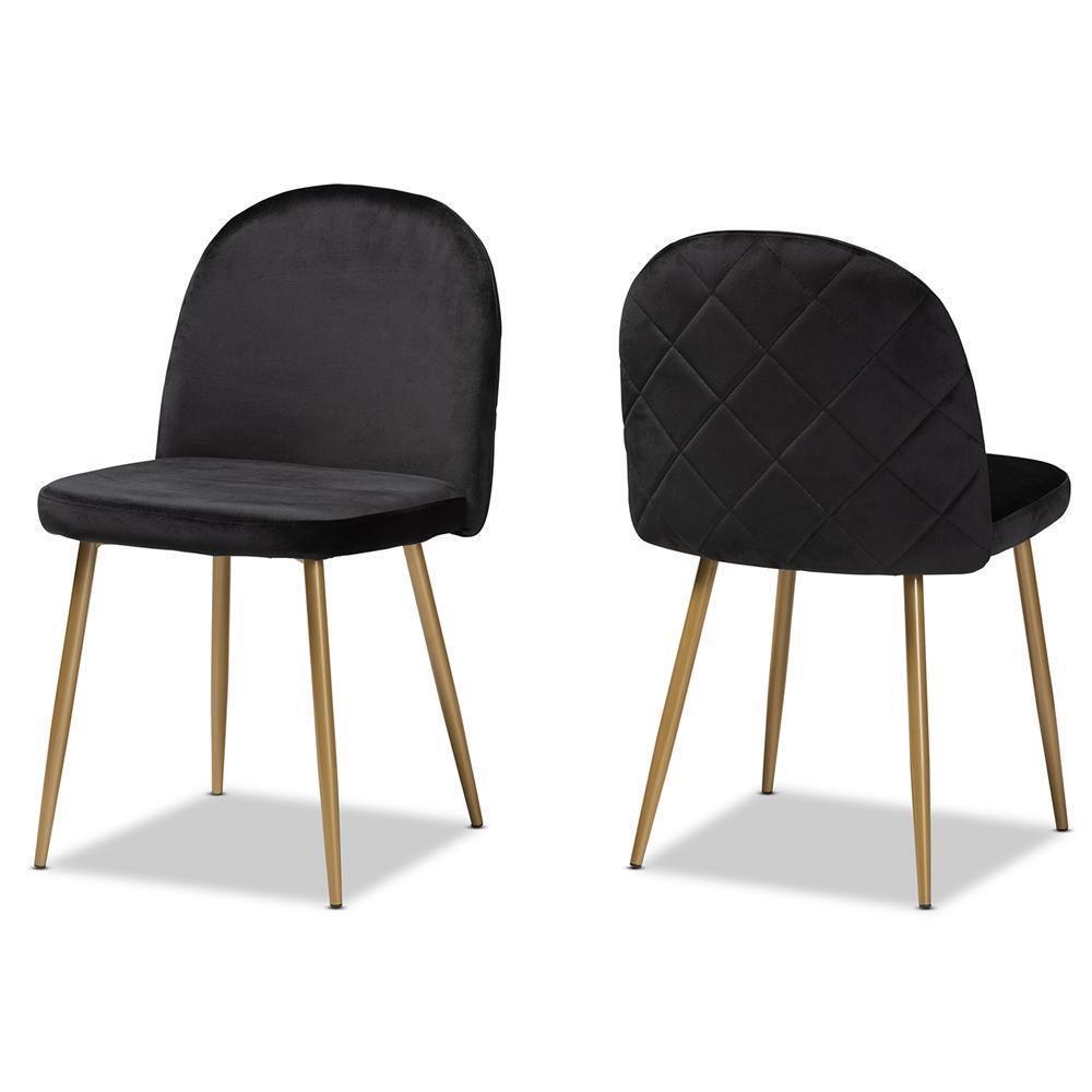 Fantine Modern Luxe and Glam Black Velvet Fabric Upholstered and Gold Finished Metal 2-Piece Dining Chair Set FredCo