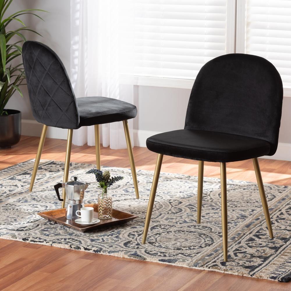 Fantine Modern Luxe and Glam Black Velvet Fabric Upholstered and Gold Finished Metal 2-Piece Dining Chair Set FredCo