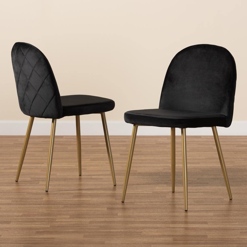 Fantine Modern Luxe and Glam Black Velvet Fabric Upholstered and Gold Finished Metal 2-Piece Dining Chair Set FredCo