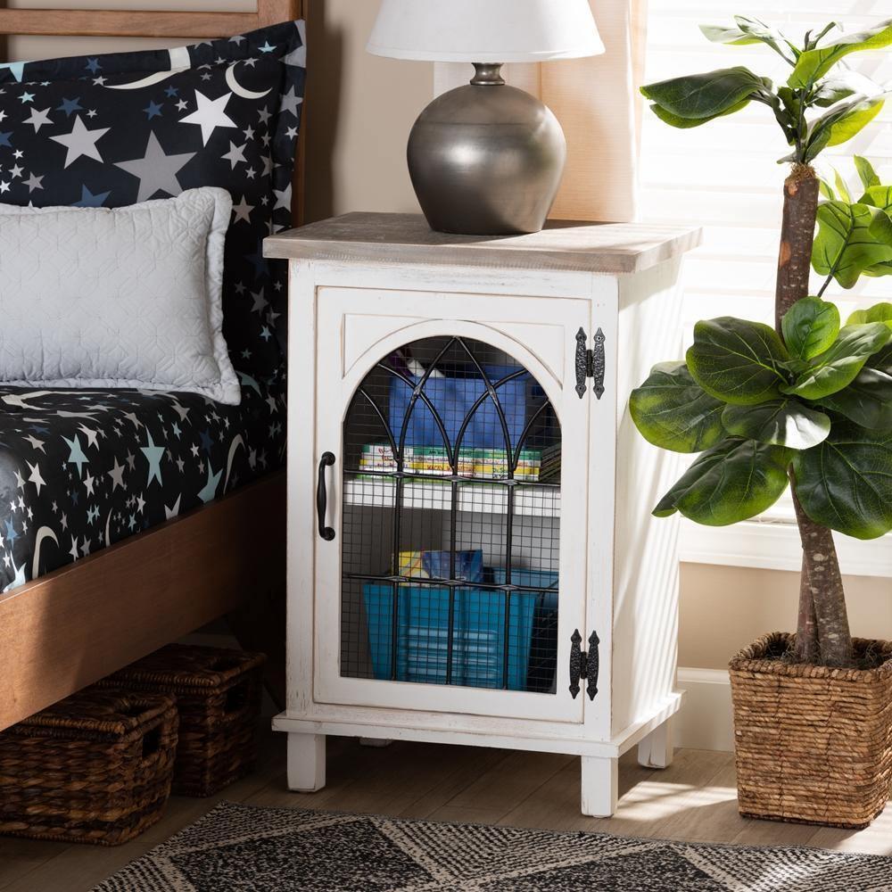 Faron Classic and Traditional Farmhouse Two-Tone Distressed White and Oak Brown Finished Wood 1-Door Nightstand FredCo