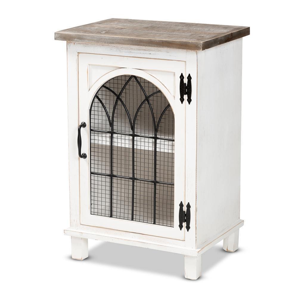 Faron Classic and Traditional Farmhouse Two-Tone Distressed White and Oak Brown Finished Wood 1-Door Nightstand FredCo