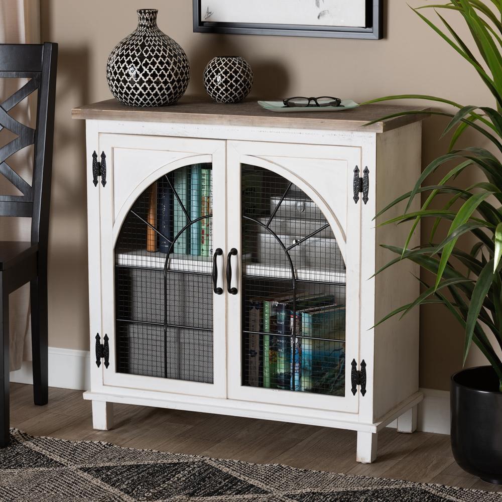 Faron Classic and Traditional Farmhouse Two-Tone Distressed White and Oak Brown Finished Wood 2-Door Storage Cabinet FredCo