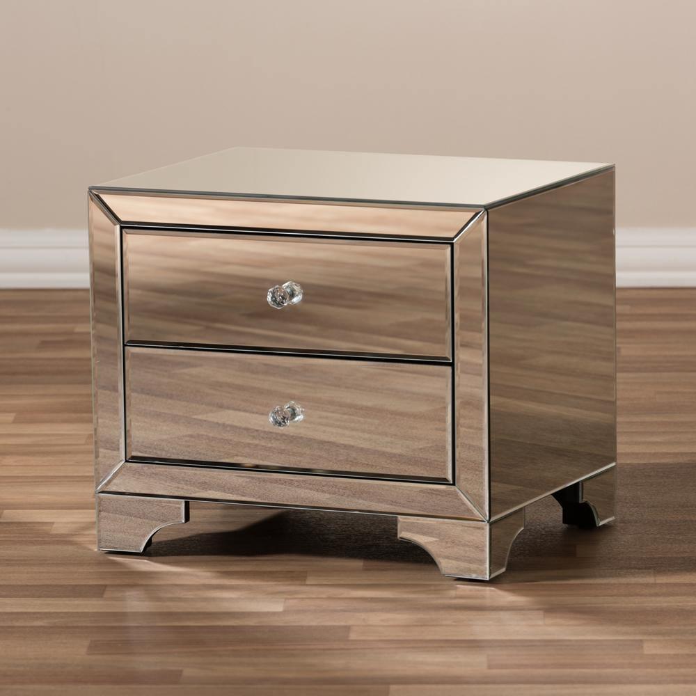 Farrah Hollywood Regency Glamour Style Mirrored 2-Drawer Nightstand FredCo