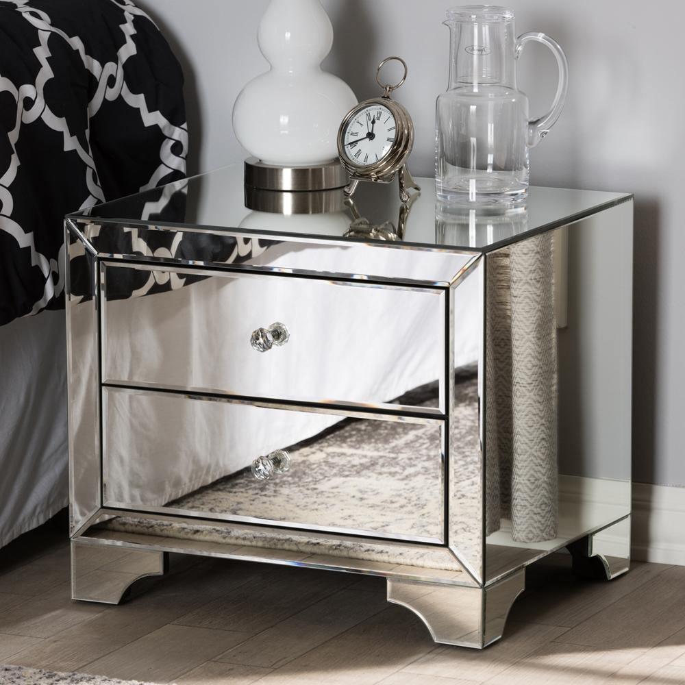 Farrah Hollywood Regency Glamour Style Mirrored 2-Drawer Nightstand FredCo