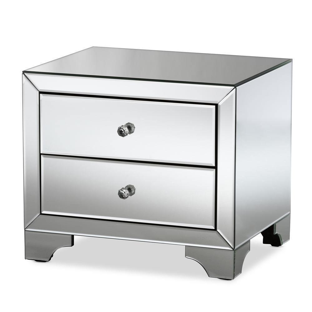 Farrah Hollywood Regency Glamour Style Mirrored 2-Drawer Nightstand FredCo