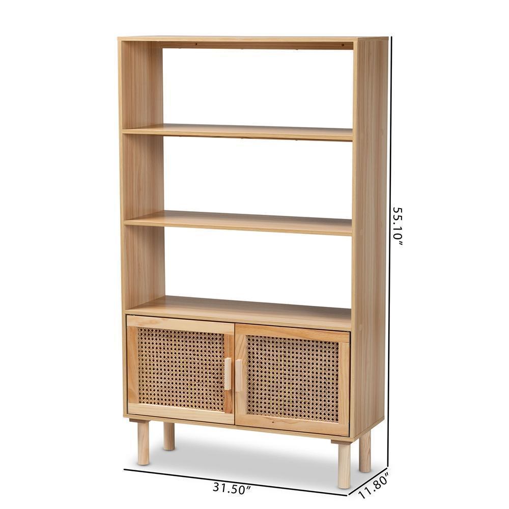 Faulkner Mid-Century Modern Natural Brown Finished Wood and Rattan 2-Door Bookcase FredCo
